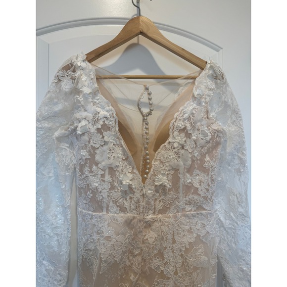 Lace Wedding Dress‎ Floral Applique Long Sleeve Bridal Gown Mermaid - Picture 2 of 8